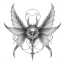 seraphim, 6 large bat wings, demon eye in the centre, gothic tattoo design idea