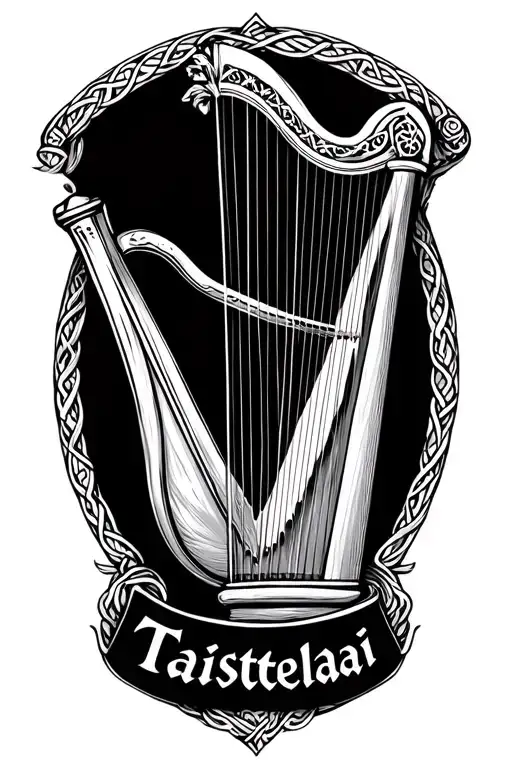 irish harp with taistealai text in celtic font tattoo design idea