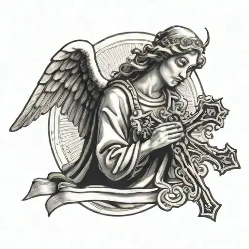 old-style angel holding a cross tattoo design idea