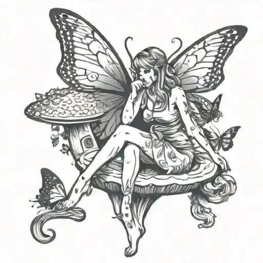 fairy sitting on a mushroom reading a book with butterflies flying around  tattoo design idea