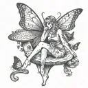 fairy sitting on a mushroom reading a book with butterflies flying around  tattoo design idea