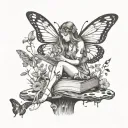 fairy sitting on a mushroom reading a book with butterflies flying around  tattoo design idea