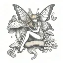 fairy sitting on a mushroom reading a book with butterflies flying around  tattoo design idea