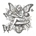 fairy sitting on a mushroom reading a book with butterflies flying around  tattoo design idea