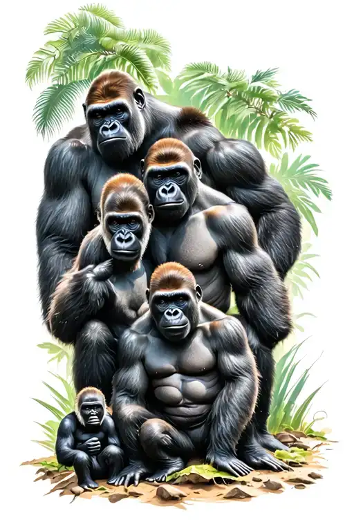 A family of five gorillas with a protective father, supportive mother, and three children  tattoo design idea