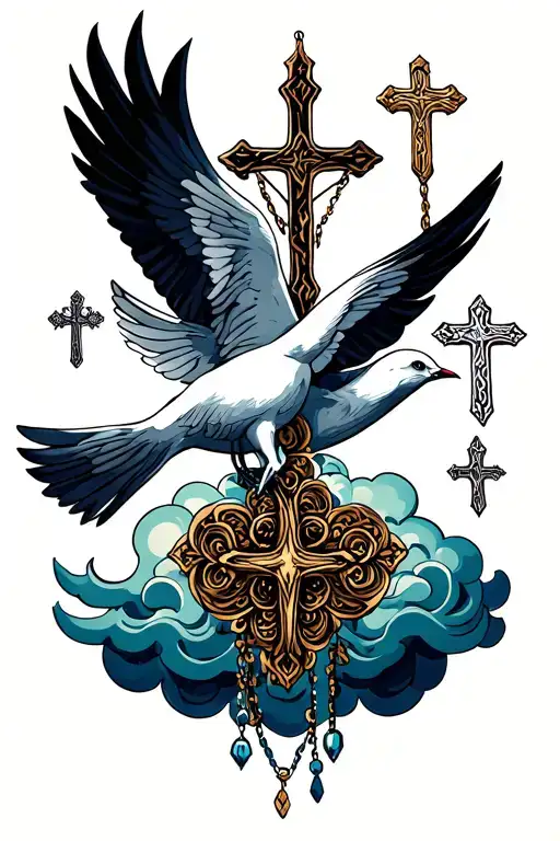 crosses doves clouds and rosary intertwined tattoo design idea