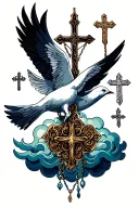 crosses doves clouds and rosary intertwined tattoo design idea