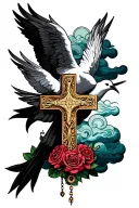 crosses doves clouds and rosary intertwined tattoo design idea