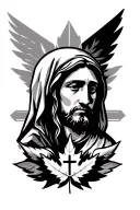 mama mary  and papa jesus half face with cross in the middle. background geometrics. below is archangel and maple leaf. tattoo design idea