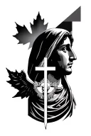 mama mary  and papa jesus half face with cross in the middle. background geometrics. below is archangel and maple leaf. tattoo design idea