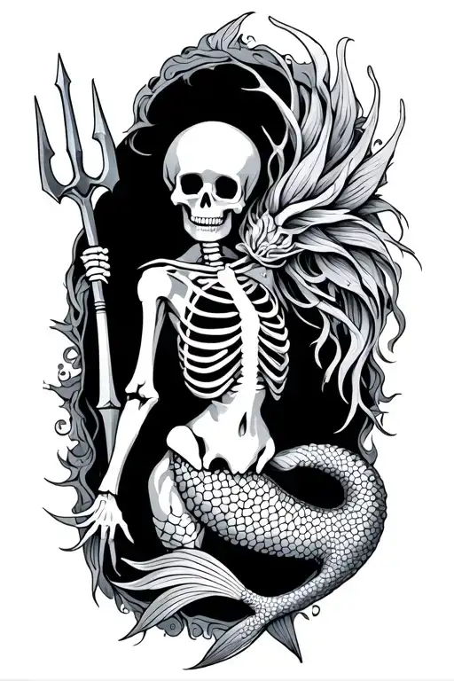mermaid skeleton with trident incorporated tattoo design idea