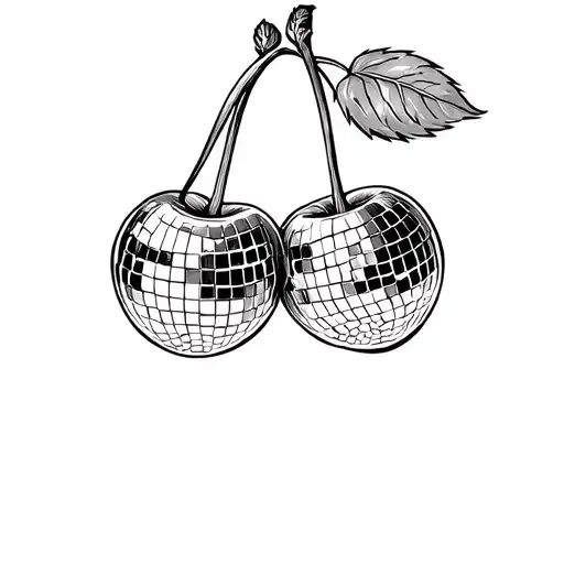 A pair of cherries with stems and 2 leaves. In black and white. With the cherries dressed as disco balls, and the tattoo design idea