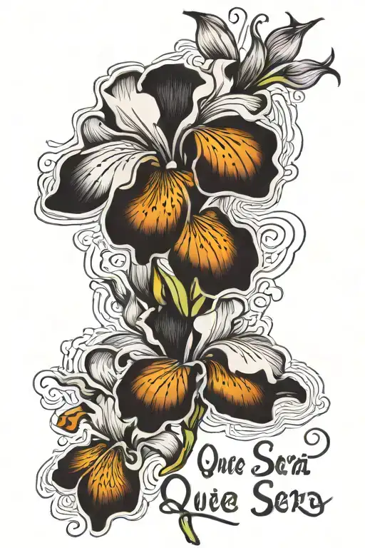 iris with the words que sera sera in cursive in the stem tattoo design idea
