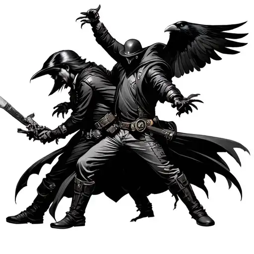 fight between a magician accompanied by crow and a technofile steampunk assassin tattoo design idea