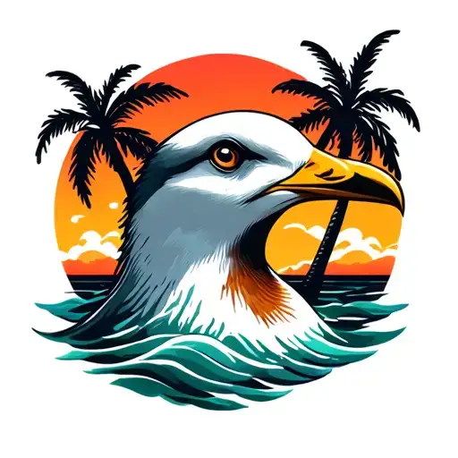 loud seagull head with palm trees colors sunset tattoo design idea