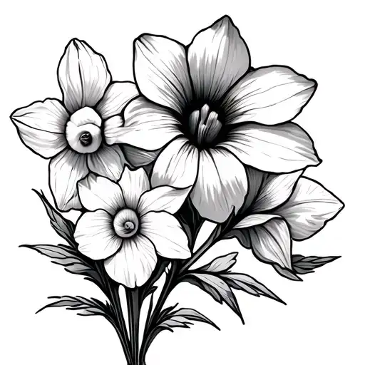 simple family flower field with ad daffodil a penny, a Cosmo and a morning glory just lines tattoo design idea
