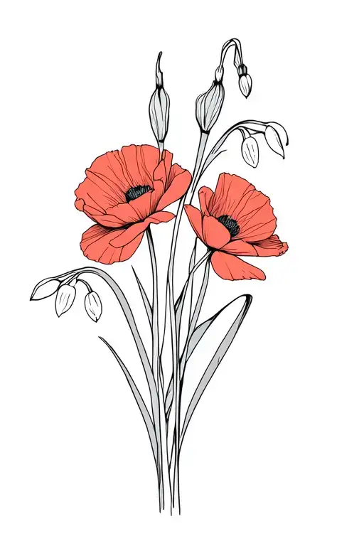Gladiolus, Poppies,  carnations and snowdrops tattoo design idea