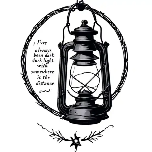 black and grey lantern with the words "I've always been dark with light somewhere in the distance" in a circle tattoo design idea