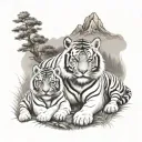 tiger with two cubs against the backdrop of forest and mountains tattoo design idea