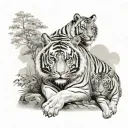tiger with two cubs against the backdrop of forest and mountains tattoo design idea