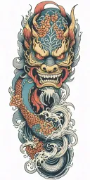 flowers oni demon mask koi fish waves skin breaks loose tattoo design idea
