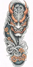 flowers oni demon mask koi fish waves skin breaks loose tattoo design idea