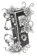 Walkman with flowers and vines tattoo design idea