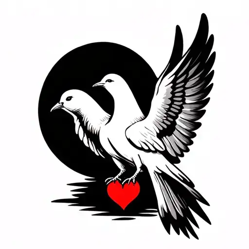 Dove sitting with wings folded black and white with a red heart on middle of chest  tattoo design idea