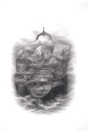 travel tattoo featuring compass, vintage suitcase, postcard, mountains, waves crashing over and around the suitcase  tattoo design idea