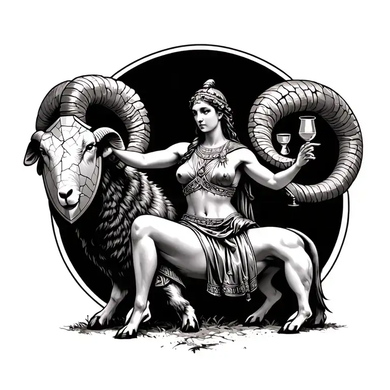 a roman woman sitting on the back of a ram with a cracked shield in the one hand and a goblet in the other hand tattoo design idea