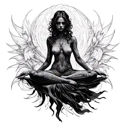 Highly detailed black and grey linework illustration, tattoo stencil style. A mystical, feminine humanoid sits gracefull tattoo design idea