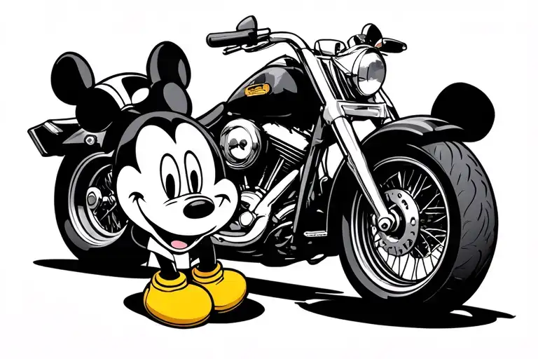 mickey mouse middle finger on front end of a harley tattoo design idea