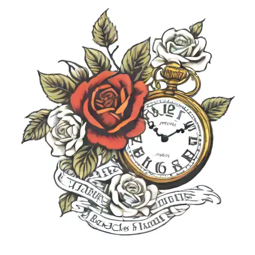 An open golden pocket watch surrounded by roses, with the text "times like these" tattoo design idea