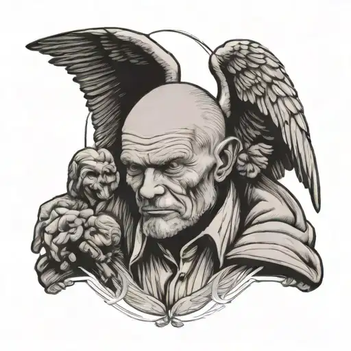 flea looking like a grandfather with a cane and angel wings tattoo design idea