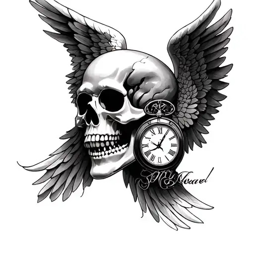 skull arc angel clocks full sleeve with kids names  tattoo design idea