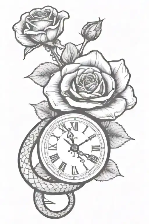 Hand clock with snake vining around with three rose behind drawing tattoo design idea