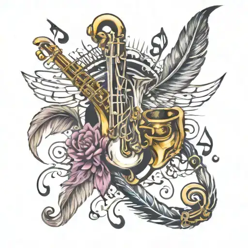 cross, feather, affinity, music notes, Saxophone wrapped tattoo design idea