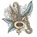 cross, feather, affinity, music notes, Saxophone wrapped tattoo design idea