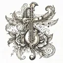cross, feather, affinity, music notes, Saxophone wrapped tattoo design idea