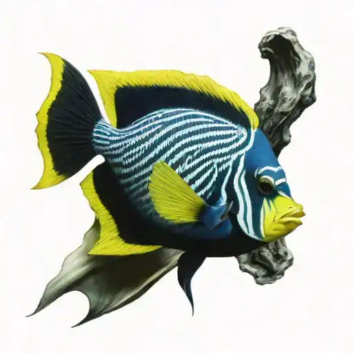 emperor angelfish in blue and green and yellow getting caught tattoo design idea