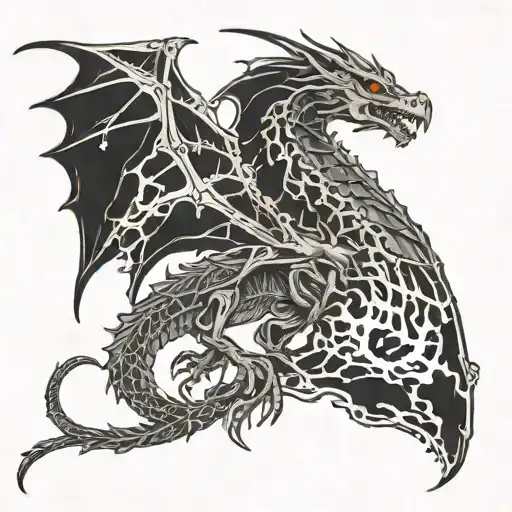 skeletal dragon flying and breathing fire tattoo design idea