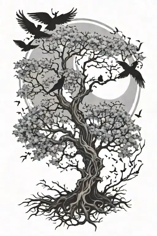 poison tree with birds and moon surrounded tattoo design idea