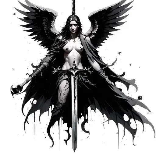 The War-Torn Angel (Duality & Redemption)Concept: A dark, battle-scarred angel with one broken wing and a sword restin tattoo design idea