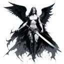 The War-Torn Angel (Duality & Redemption)Concept: A dark, battle-scarred angel with one broken wing and a sword restin tattoo design idea