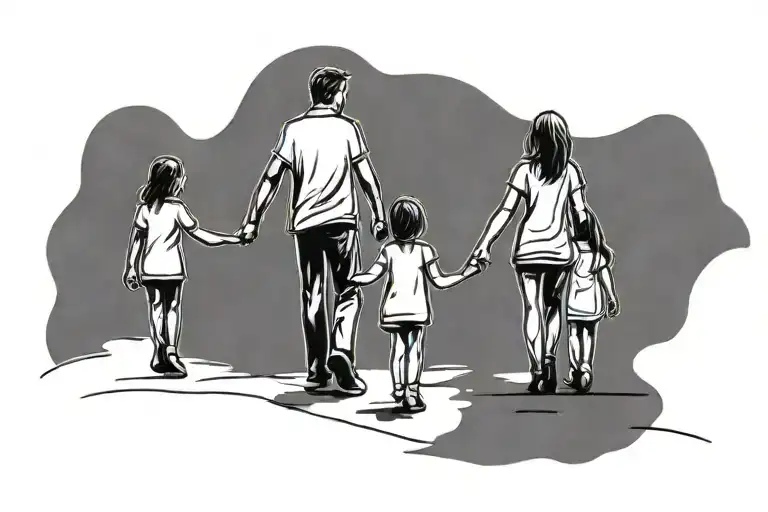 mother father and two young toddler daughters walking together holding hands. simple drawing like stick figures tattoo design idea