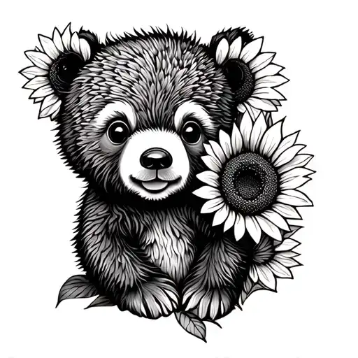 cute baby bear with sunflowers and roses tattoo design idea
