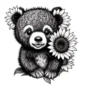 cute baby bear with sunflowers and roses tattoo design idea