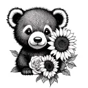 cute baby bear with sunflowers and roses tattoo design idea