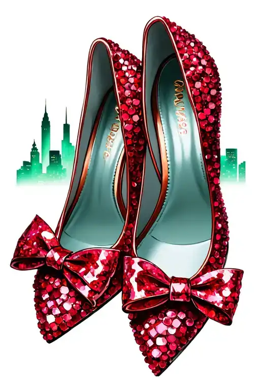 two sparkly ruby flat shoes with bow on toes with emerald city in the background  tattoo design idea