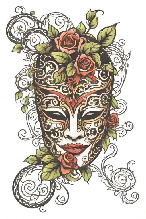 theater mask and vines wrapping tattoo design idea